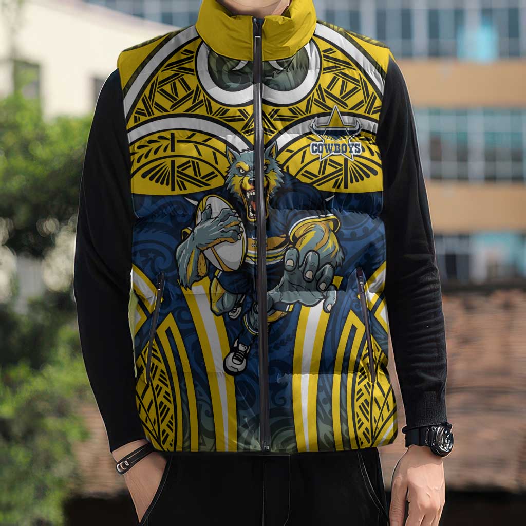 North Queensland Cowboys Rugby Sleeveless Puffer Jacket Polynesian Tribal Bull Warrior Navy Yellow Pattern