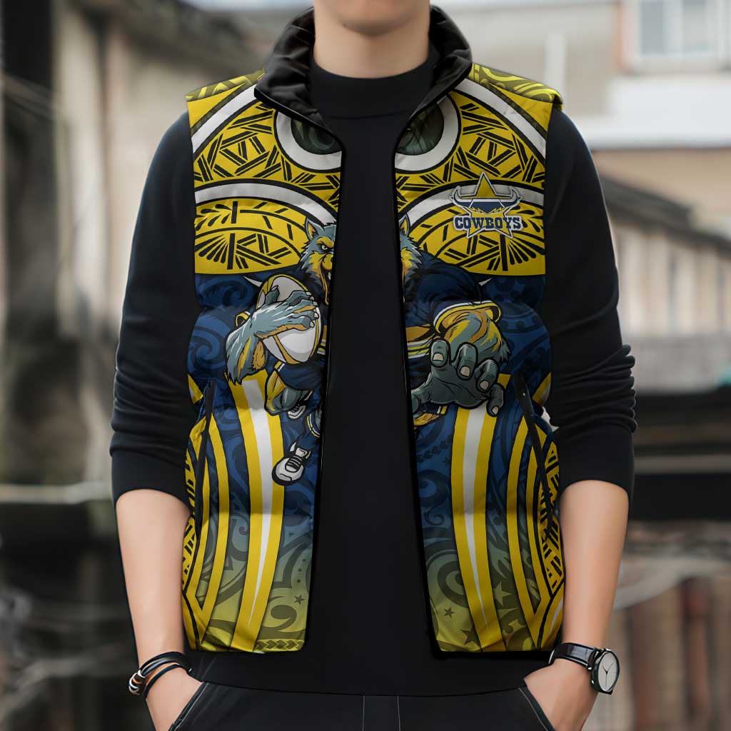 North Queensland Cowboys Rugby Sleeveless Puffer Jacket Polynesian Tribal Bull Warrior Navy Yellow Pattern