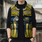 North Queensland Cowboys Rugby Sleeveless Puffer Jacket Polynesian Tribal Bull Warrior Navy Yellow Pattern