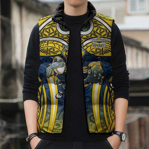 North Queensland Cowboys Rugby Sleeveless Puffer Jacket Polynesian Tribal Bull Warrior Navy Yellow Pattern