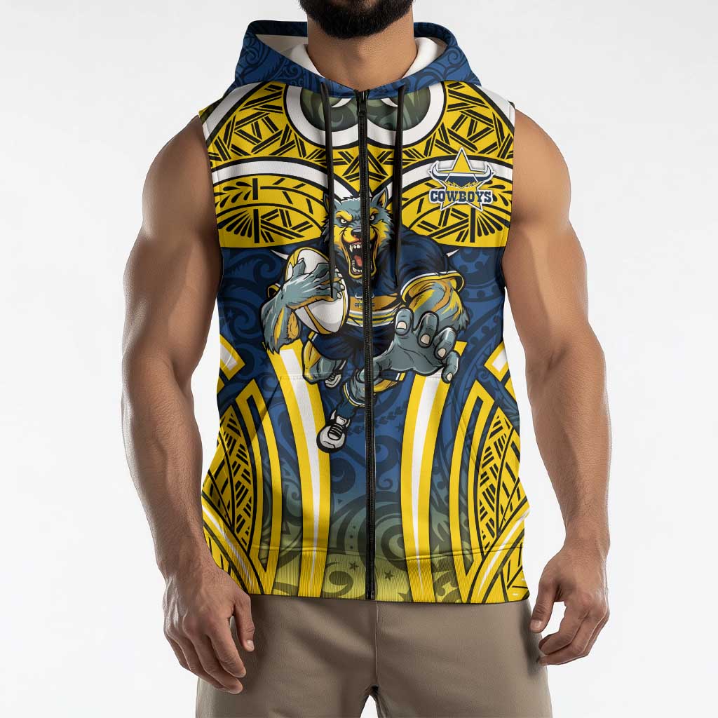 North Queensland Cowboys Rugby Sleeveless Zip Hoodie Polynesian Tribal Bull Warrior Navy Yellow Pattern