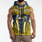 North Queensland Cowboys Rugby Sleeveless Zip Hoodie Polynesian Tribal Bull Warrior Navy Yellow Pattern