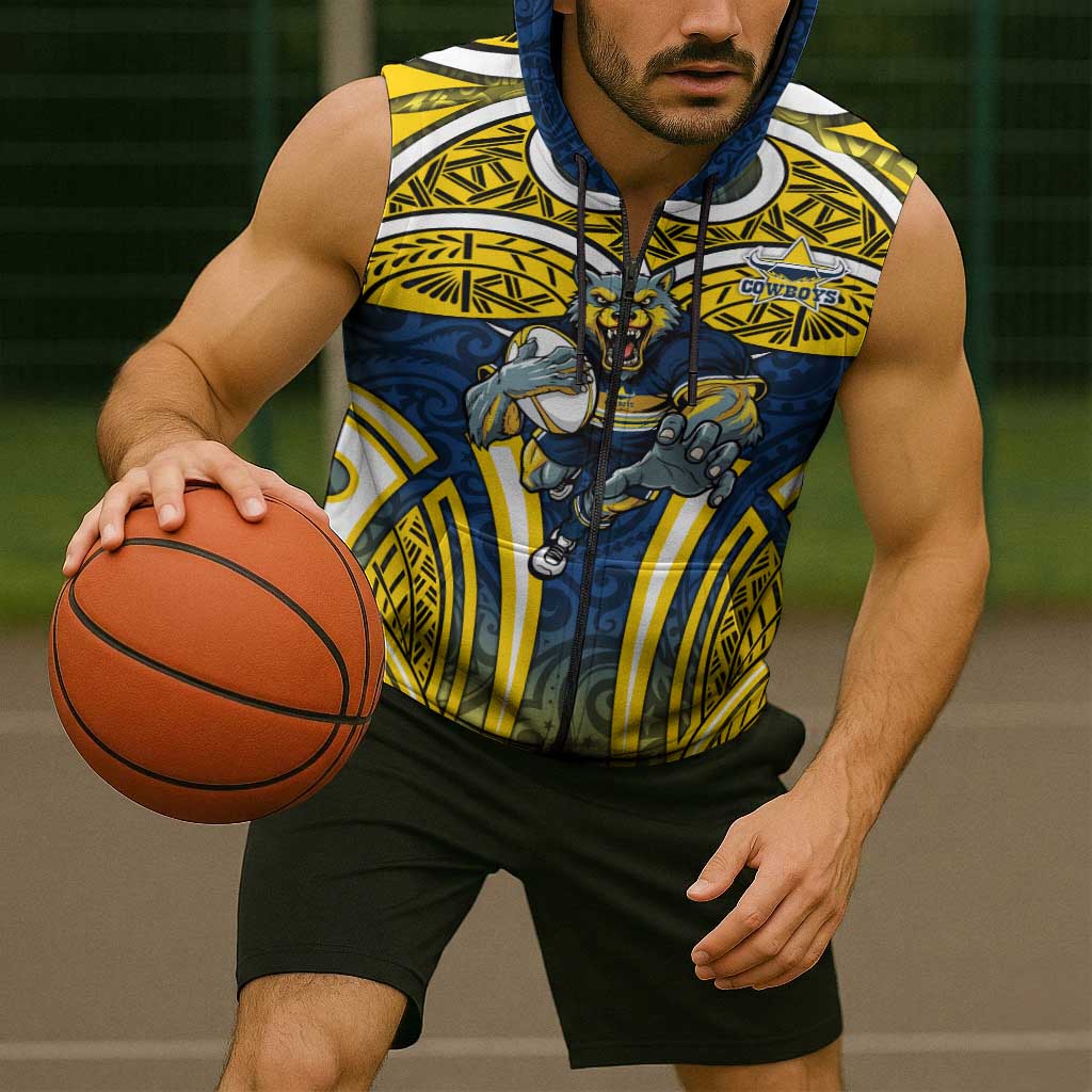 North Queensland Cowboys Rugby Sleeveless Zip Hoodie Polynesian Tribal Bull Warrior Navy Yellow Pattern