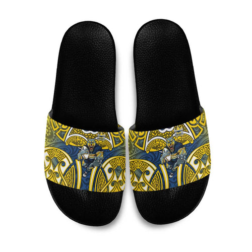 North Queensland Cowboys Rugby Slide Sandals Polynesian Tribal Bull Warrior Navy Yellow Pattern