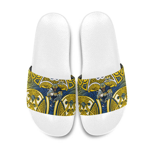 North Queensland Cowboys Rugby Slide Sandals Polynesian Tribal Bull Warrior Navy Yellow Pattern