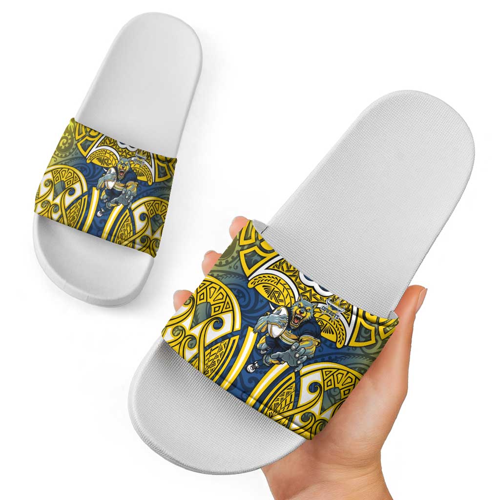 North Queensland Cowboys Rugby Slide Sandals Polynesian Tribal Bull Warrior Navy Yellow Pattern