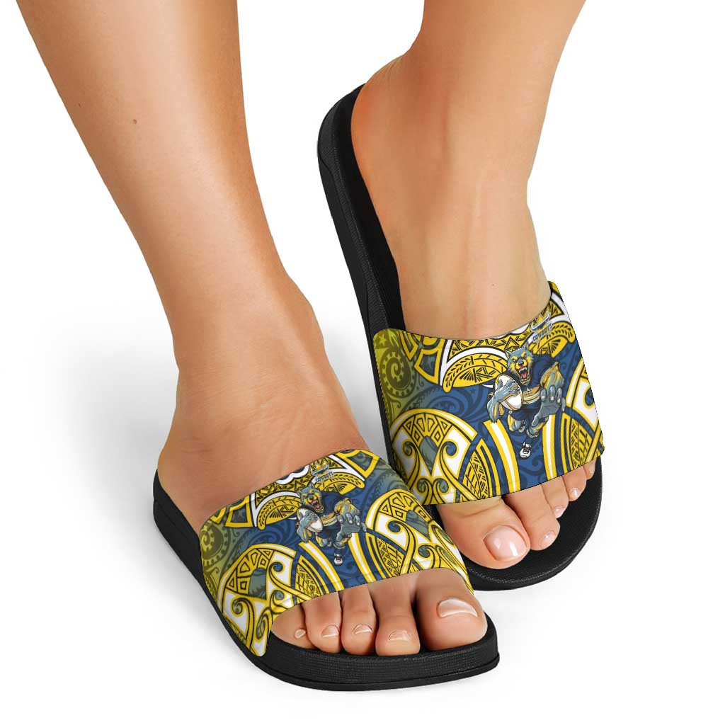 North Queensland Cowboys Rugby Slide Sandals Polynesian Tribal Bull Warrior Navy Yellow Pattern