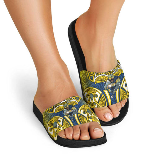 North Queensland Cowboys Rugby Slide Sandals Polynesian Tribal Bull Warrior Navy Yellow Pattern