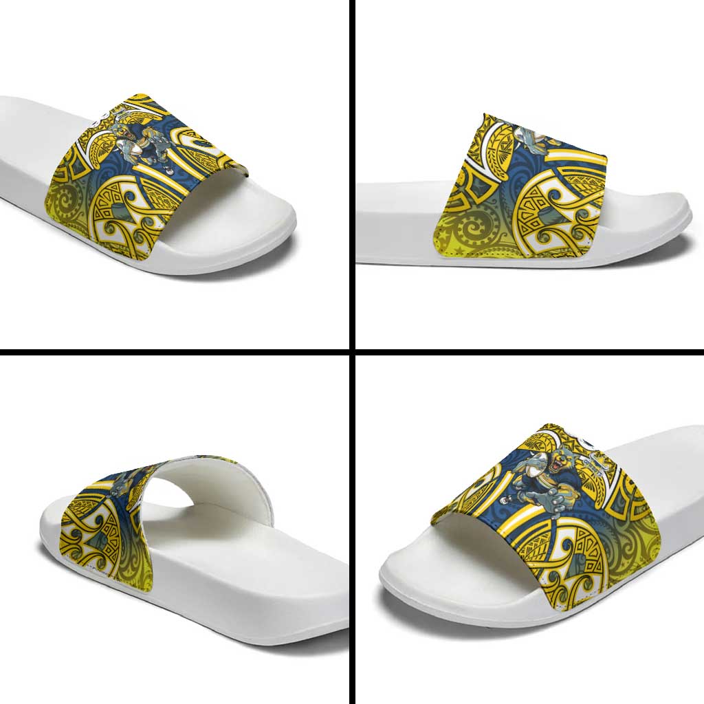 North Queensland Cowboys Rugby Slide Sandals Polynesian Tribal Bull Warrior Navy Yellow Pattern