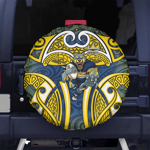 North Queensland Cowboys Rugby Spare Tire Cover Polynesian Tribal Bull Warrior Navy Yellow Pattern