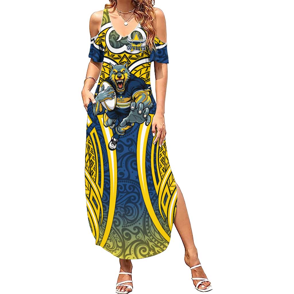 North Queensland Cowboys Rugby Summer Maxi Dress Polynesian Tribal Bull Warrior Navy Yellow Pattern