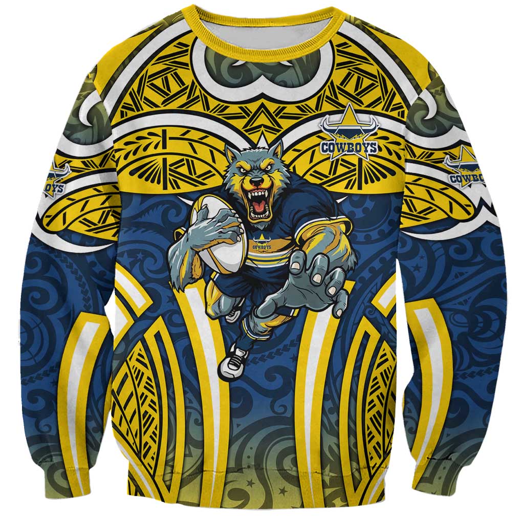 North Queensland Cowboys Rugby Sweatshirt Polynesian Tribal Bull Warrior Navy Yellow Pattern