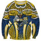 North Queensland Cowboys Rugby Sweatshirt Polynesian Tribal Bull Warrior Navy Yellow Pattern