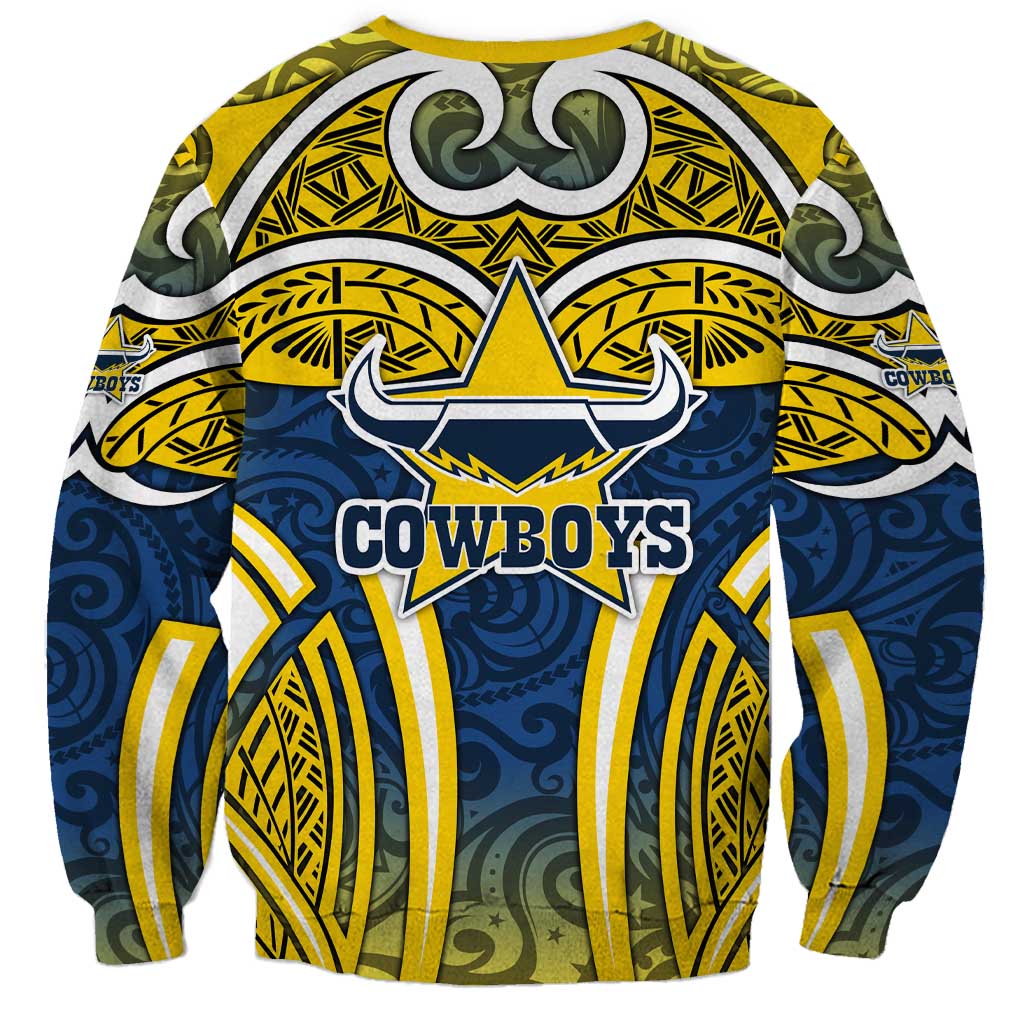 North Queensland Cowboys Rugby Sweatshirt Polynesian Tribal Bull Warrior Navy Yellow Pattern