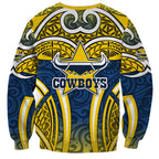North Queensland Cowboys Rugby Sweatshirt Polynesian Tribal Bull Warrior Navy Yellow Pattern