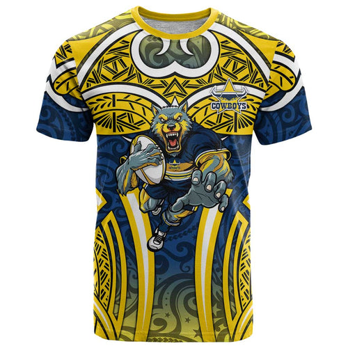 North Queensland Cowboys Rugby T Shirt Polynesian Tribal Bull Warrior Navy Yellow Pattern