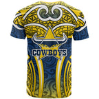 North Queensland Cowboys Rugby T Shirt Polynesian Tribal Bull Warrior Navy Yellow Pattern