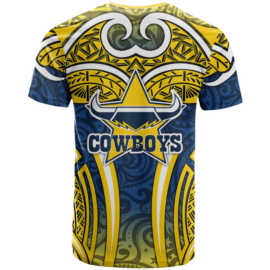 North Queensland Cowboys Rugby T Shirt Polynesian Tribal Bull Warrior Navy Yellow Pattern
