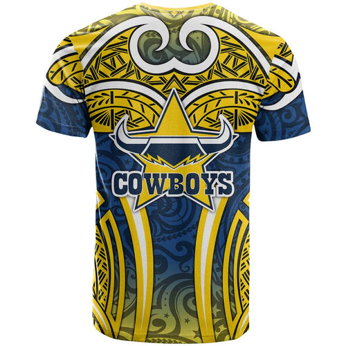 North Queensland Cowboys Rugby T Shirt Polynesian Tribal Bull Warrior Navy Yellow Pattern