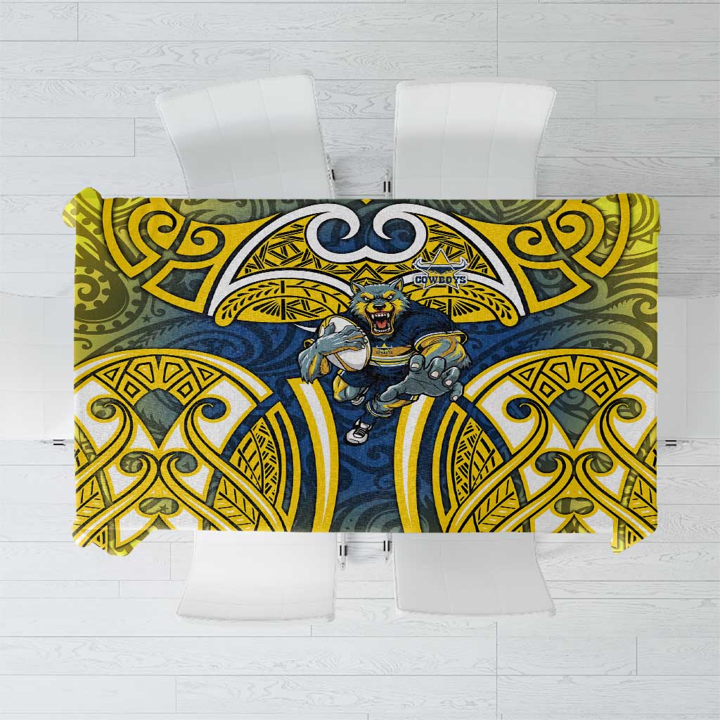 North Queensland Cowboys Rugby Tablecloth Polynesian Tribal Bull Warrior Navy Yellow Pattern