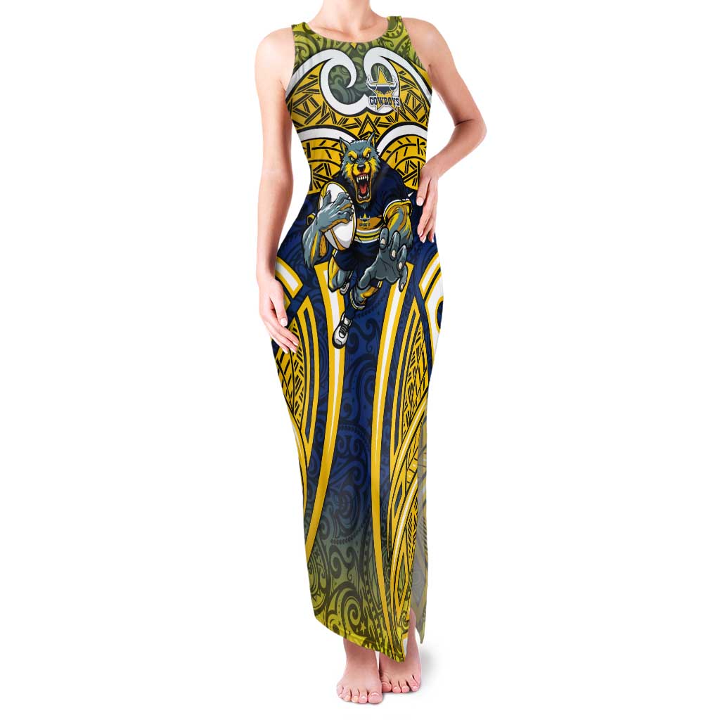 North Queensland Cowboys Rugby Tank Maxi Dress Polynesian Tribal Bull Warrior Navy Yellow Pattern