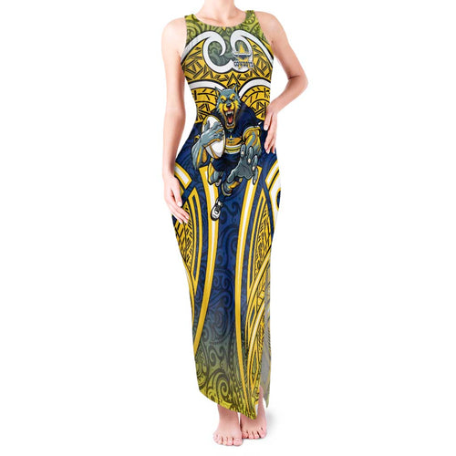 North Queensland Cowboys Rugby Tank Maxi Dress Polynesian Tribal Bull Warrior Navy Yellow Pattern