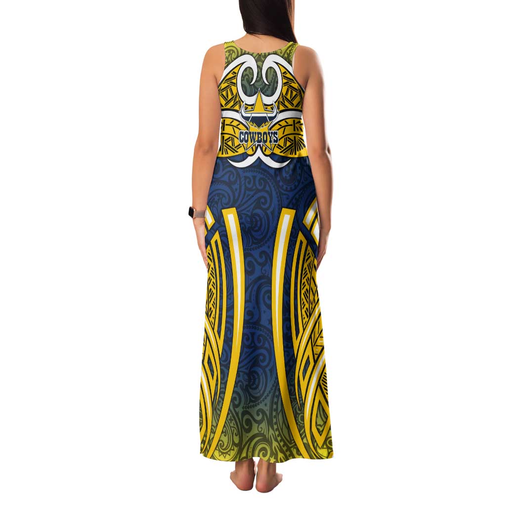North Queensland Cowboys Rugby Tank Maxi Dress Polynesian Tribal Bull Warrior Navy Yellow Pattern