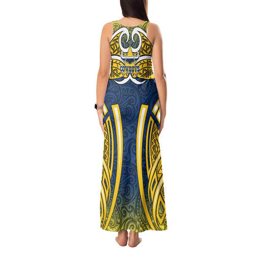 North Queensland Cowboys Rugby Tank Maxi Dress Polynesian Tribal Bull Warrior Navy Yellow Pattern