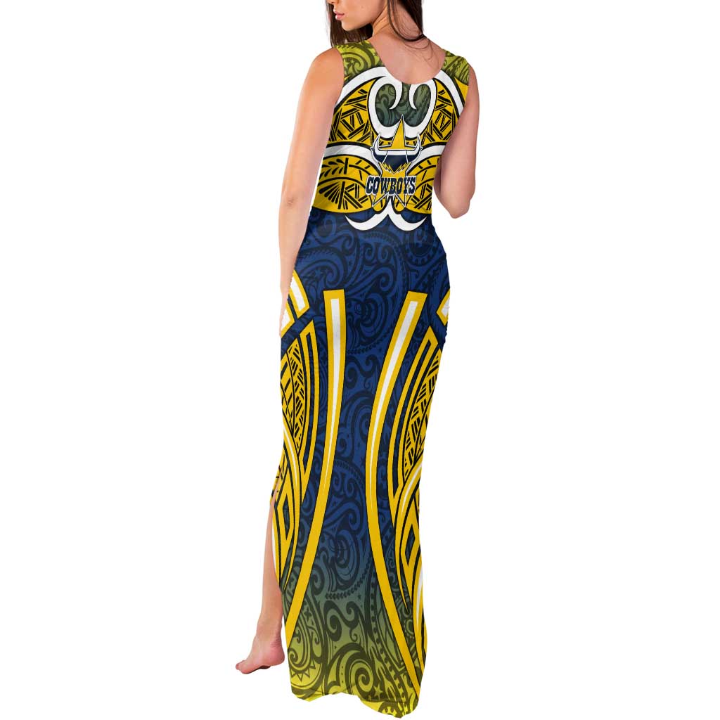 North Queensland Cowboys Rugby Tank Maxi Dress Polynesian Tribal Bull Warrior Navy Yellow Pattern