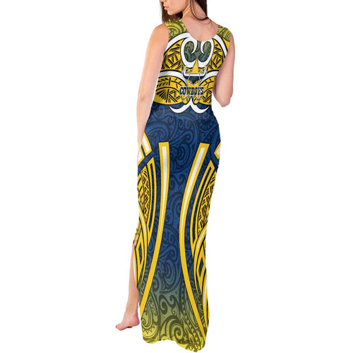 North Queensland Cowboys Rugby Tank Maxi Dress Polynesian Tribal Bull Warrior Navy Yellow Pattern