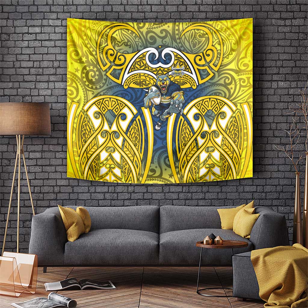 North Queensland Cowboys Rugby Tapestry Polynesian Tribal Bull Warrior Navy Yellow Pattern