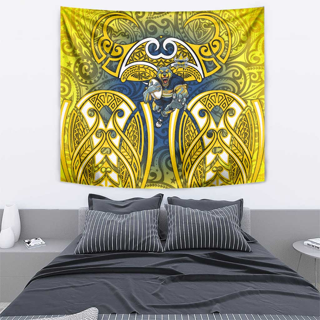 North Queensland Cowboys Rugby Tapestry Polynesian Tribal Bull Warrior Navy Yellow Pattern