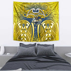 North Queensland Cowboys Rugby Tapestry Polynesian Tribal Bull Warrior Navy Yellow Pattern