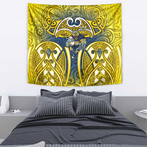 North Queensland Cowboys Rugby Tapestry Polynesian Tribal Bull Warrior Navy Yellow Pattern