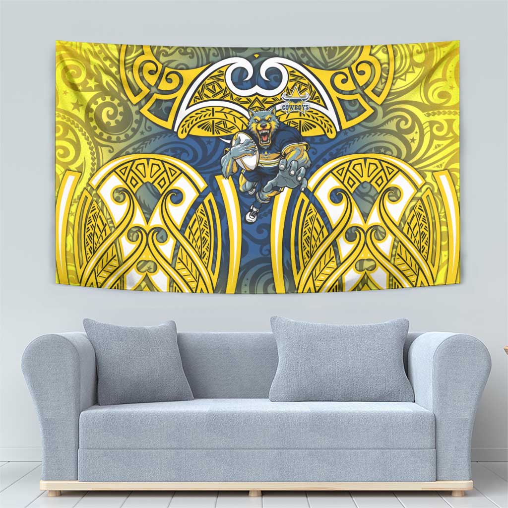 North Queensland Cowboys Rugby Tapestry Polynesian Tribal Bull Warrior Navy Yellow Pattern