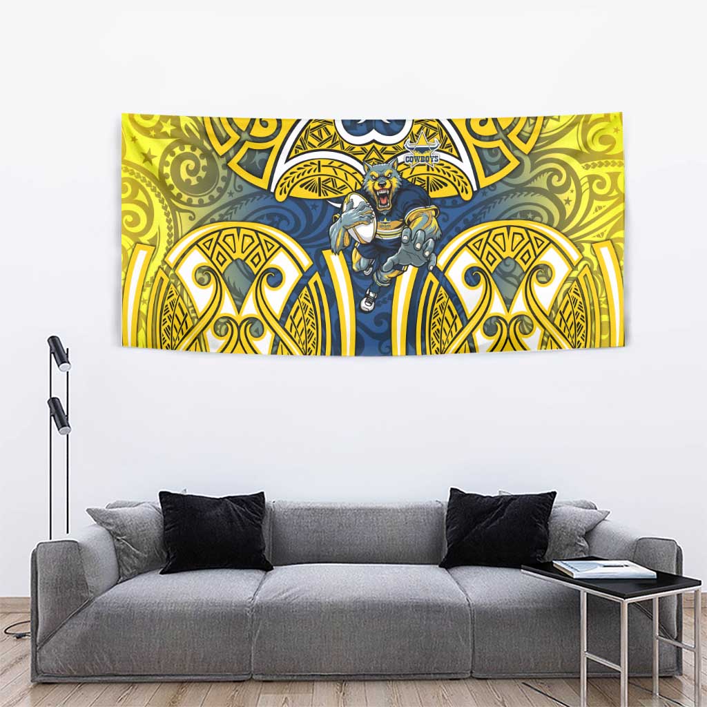 North Queensland Cowboys Rugby Tapestry Polynesian Tribal Bull Warrior Navy Yellow Pattern