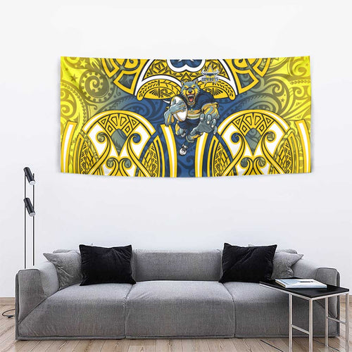 North Queensland Cowboys Rugby Tapestry Polynesian Tribal Bull Warrior Navy Yellow Pattern