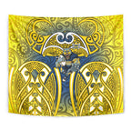 North Queensland Cowboys Rugby Tapestry Polynesian Tribal Bull Warrior Navy Yellow Pattern