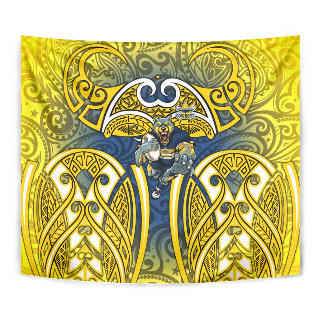 North Queensland Cowboys Rugby Tapestry Polynesian Tribal Bull Warrior Navy Yellow Pattern