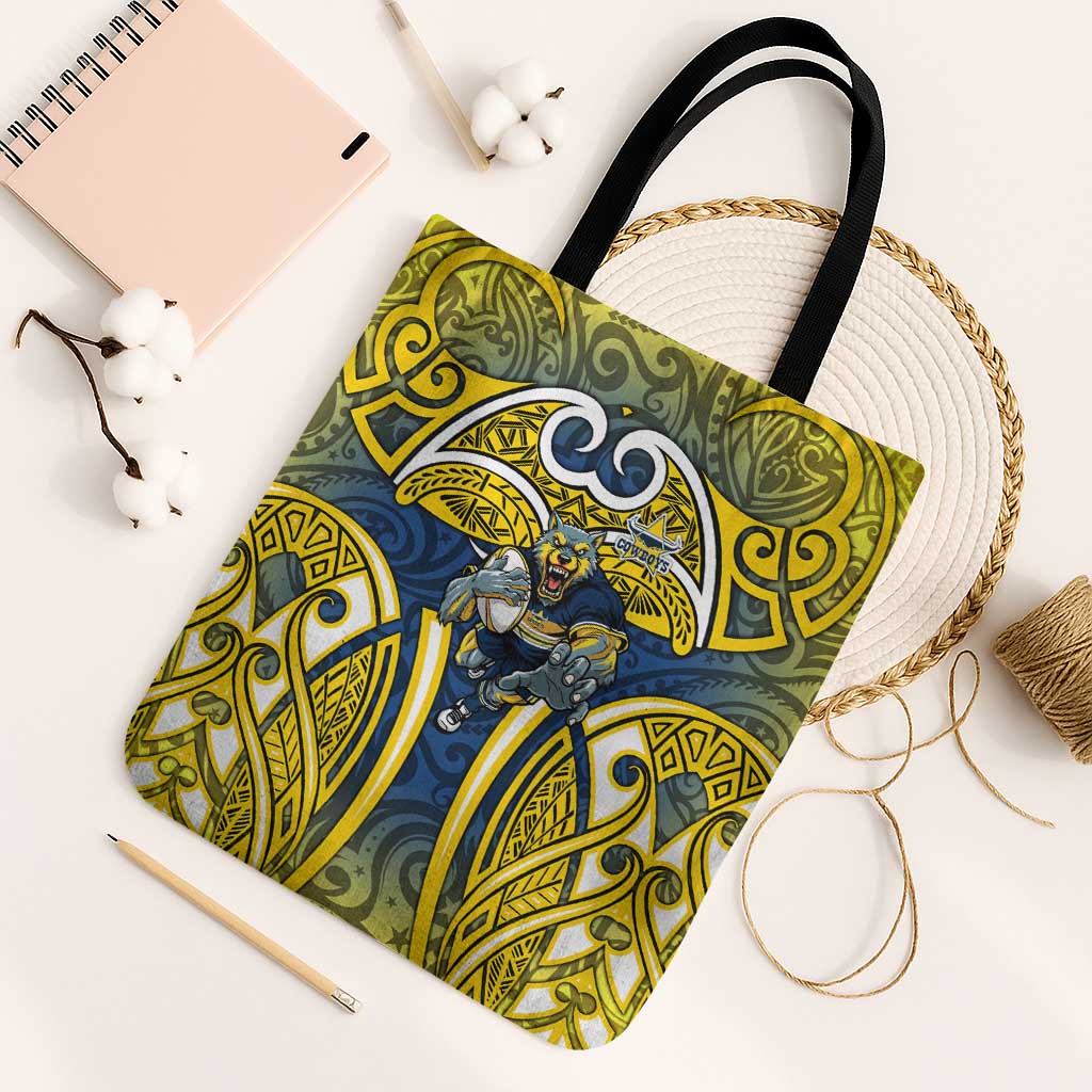 North Queensland Cowboys Rugby Tote Bag Polynesian Tribal Bull Warrior Navy Yellow Pattern