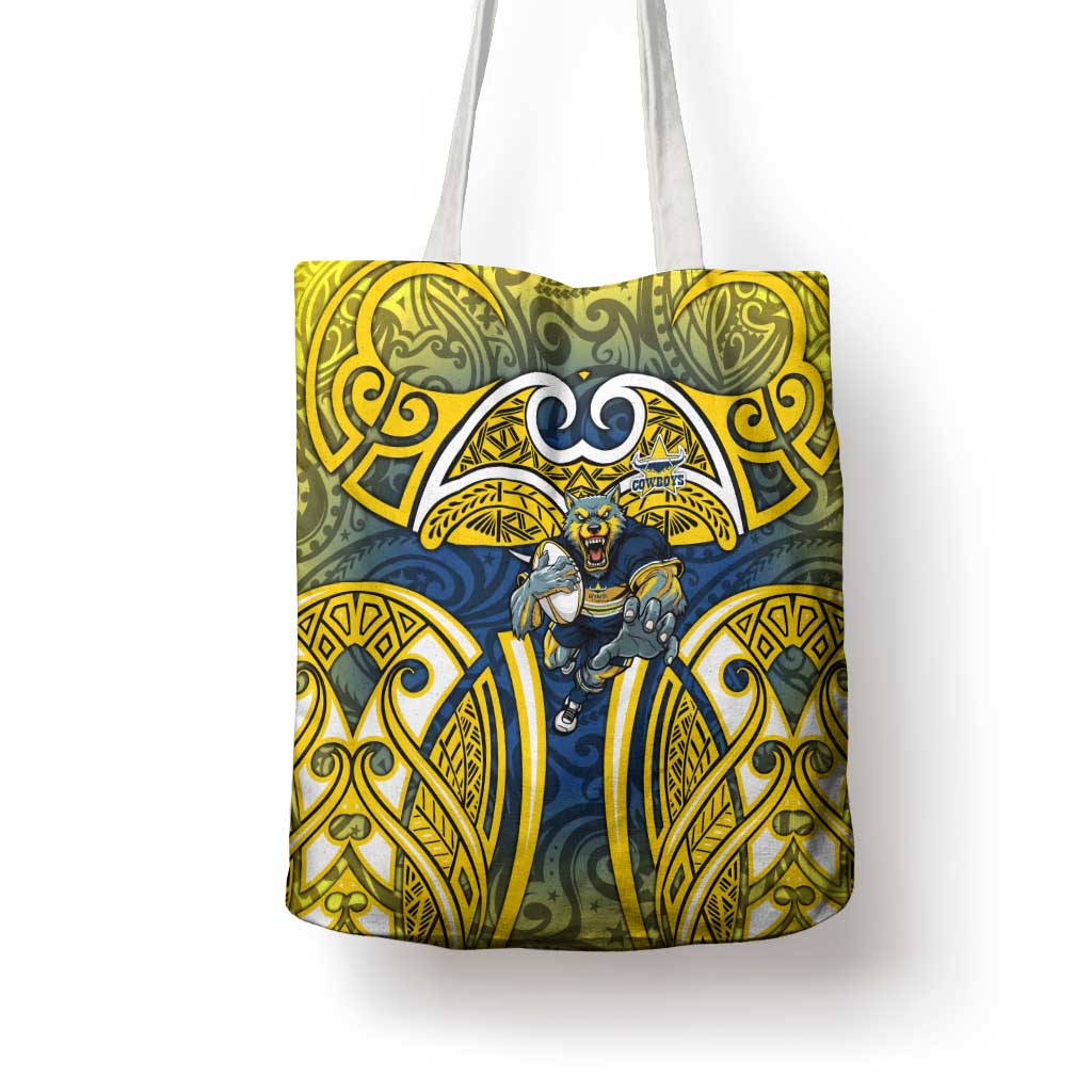 North Queensland Cowboys Rugby Tote Bag Polynesian Tribal Bull Warrior Navy Yellow Pattern