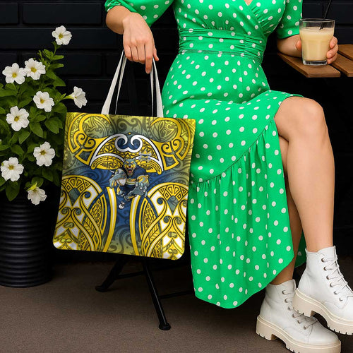 North Queensland Cowboys Rugby Tote Bag Polynesian Tribal Bull Warrior Navy Yellow Pattern