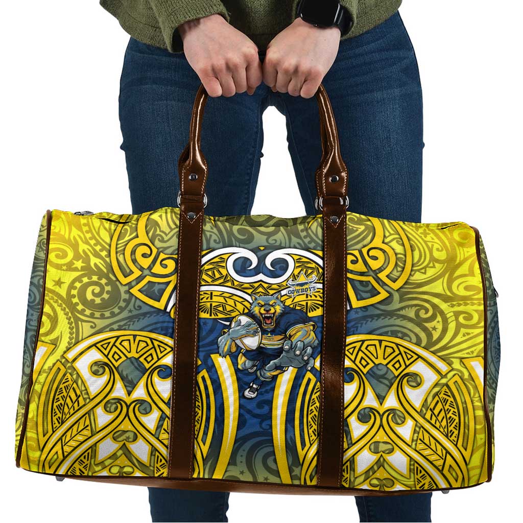 North Queensland Cowboys Rugby Travel Bag Polynesian Tribal Bull Warrior Navy Yellow Pattern