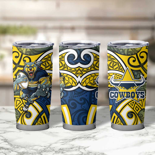 North Queensland Cowboys Rugby Tumbler Cup Polynesian Tribal Bull Warrior Navy Yellow Pattern