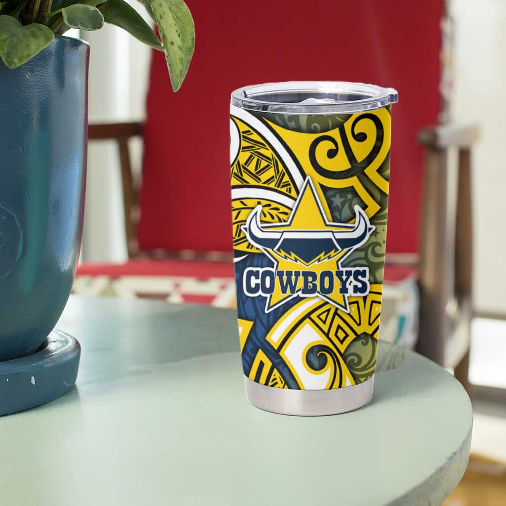 North Queensland Cowboys Rugby Tumbler Cup Polynesian Tribal Bull Warrior Navy Yellow Pattern