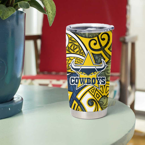 North Queensland Cowboys Rugby Tumbler Cup Polynesian Tribal Bull Warrior Navy Yellow Pattern