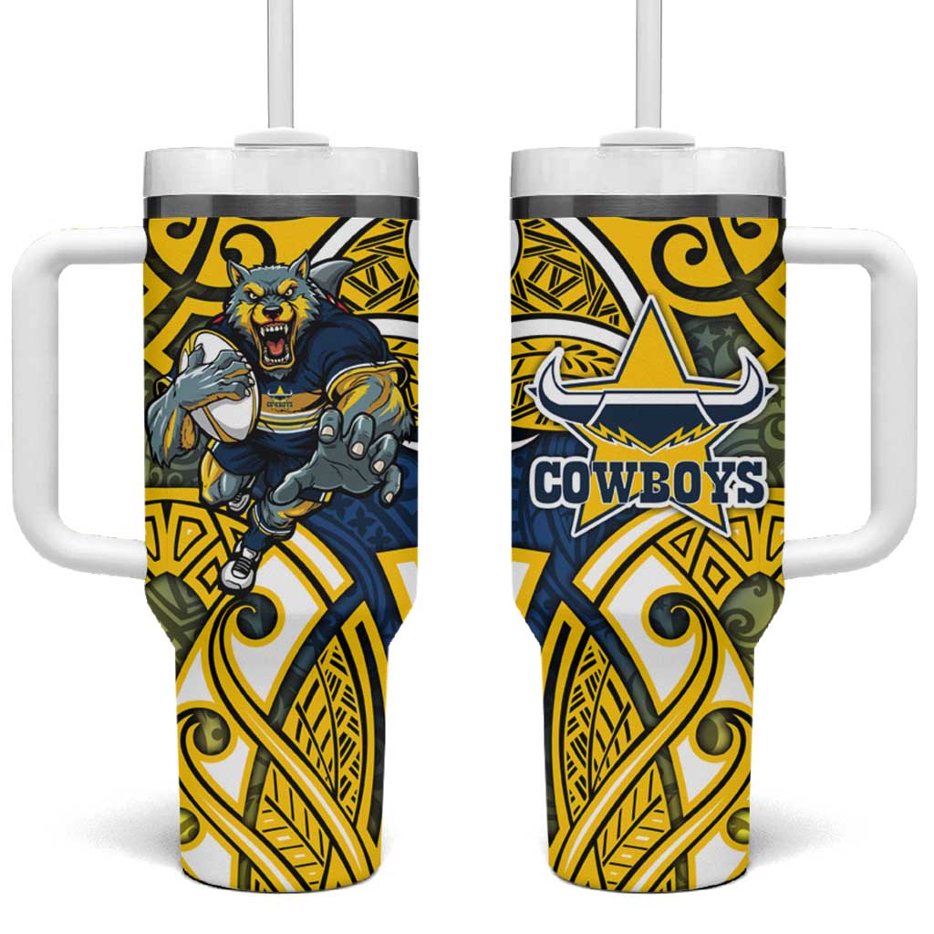 North Queensland Cowboys Rugby Tumbler With Handle Polynesian Tribal Bull Warrior Navy Yellow Pattern