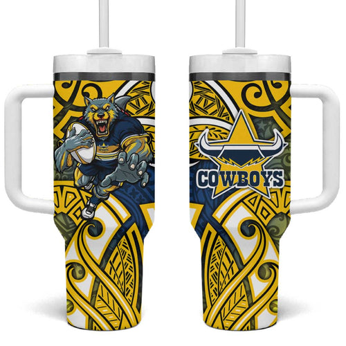 North Queensland Cowboys Rugby Tumbler With Handle Polynesian Tribal Bull Warrior Navy Yellow Pattern