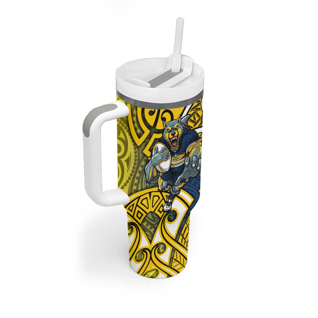 North Queensland Cowboys Rugby Tumbler With Handle Polynesian Tribal Bull Warrior Navy Yellow Pattern