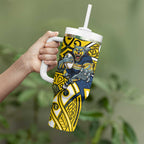 North Queensland Cowboys Rugby Tumbler With Handle Polynesian Tribal Bull Warrior Navy Yellow Pattern